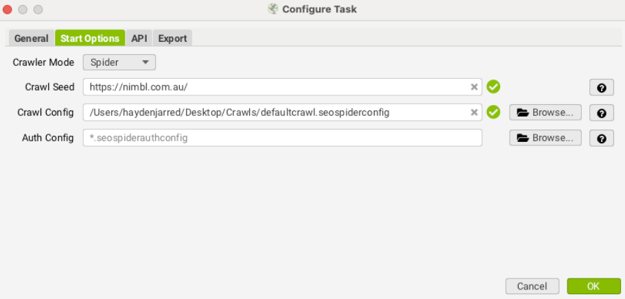 Screenshot of Screaming Frog Configure Task Section