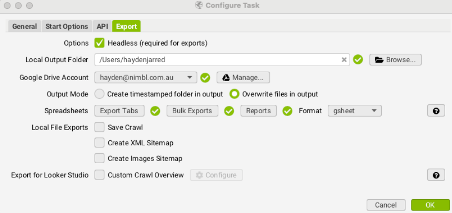 Screaming frog screenshot of the export section of the configure task