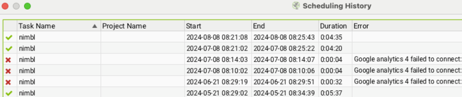 Screenshot of Scheduling History on Screaming Frog