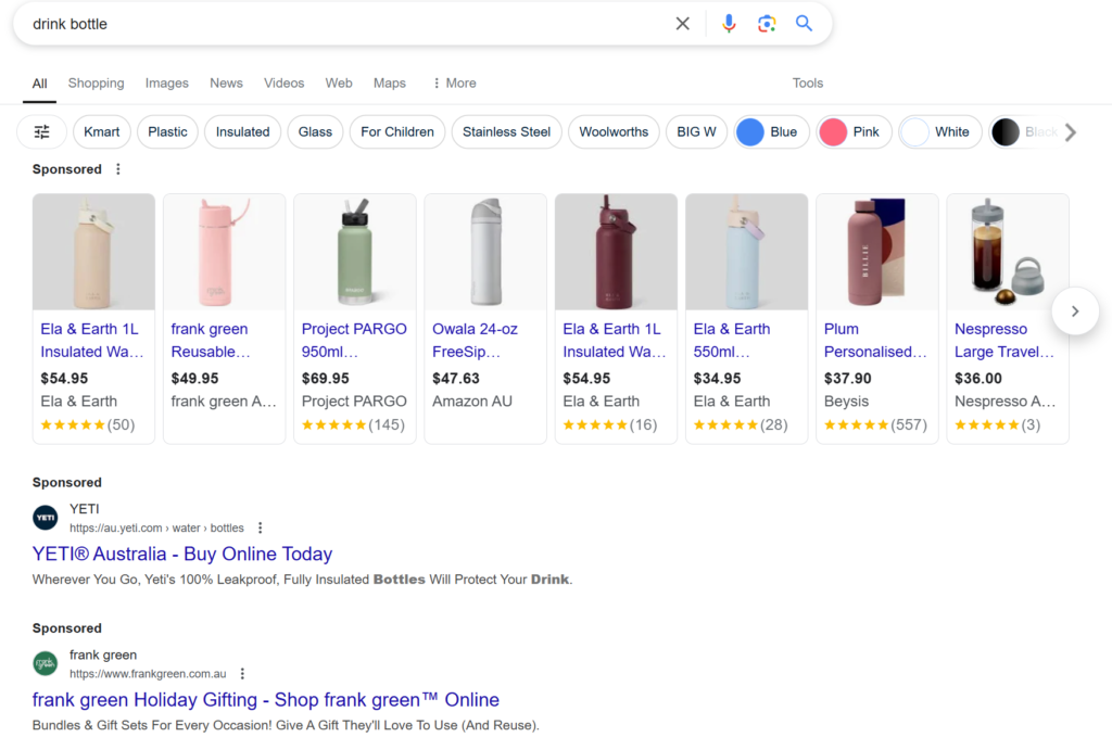 Search engine result page for the keyword Drink Bottle