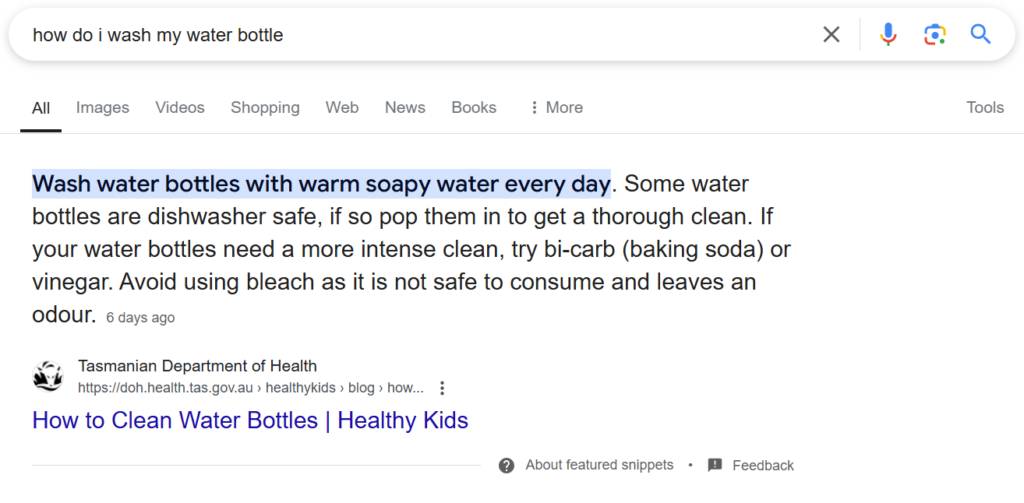 Featured snippet for Google, for How Do I Wash My Drink Bottle