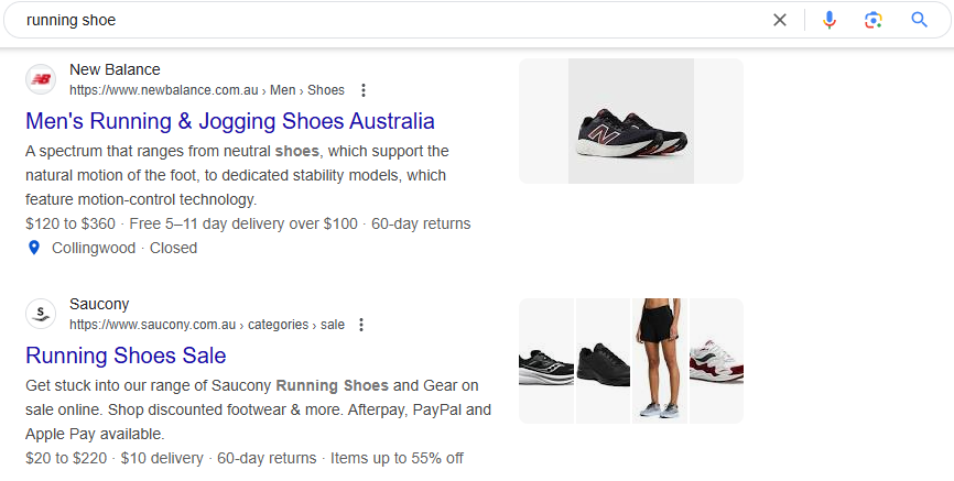 Google search engine result for shoe keywords