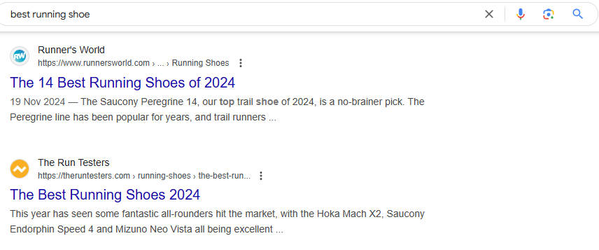 Google seaerch engine results for keywords related two running shoes