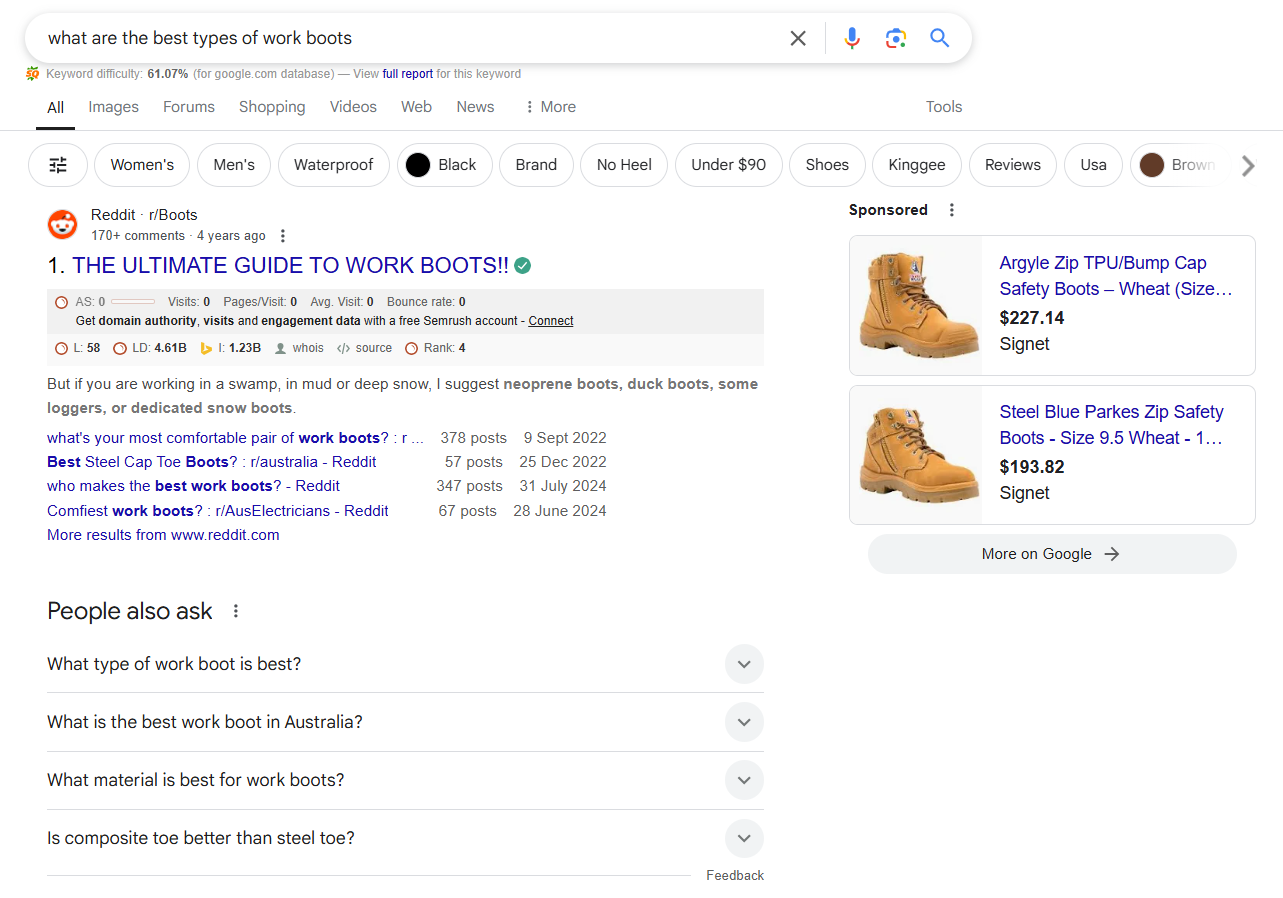 Google SERP screenshot of 'what are the best types of work boots'