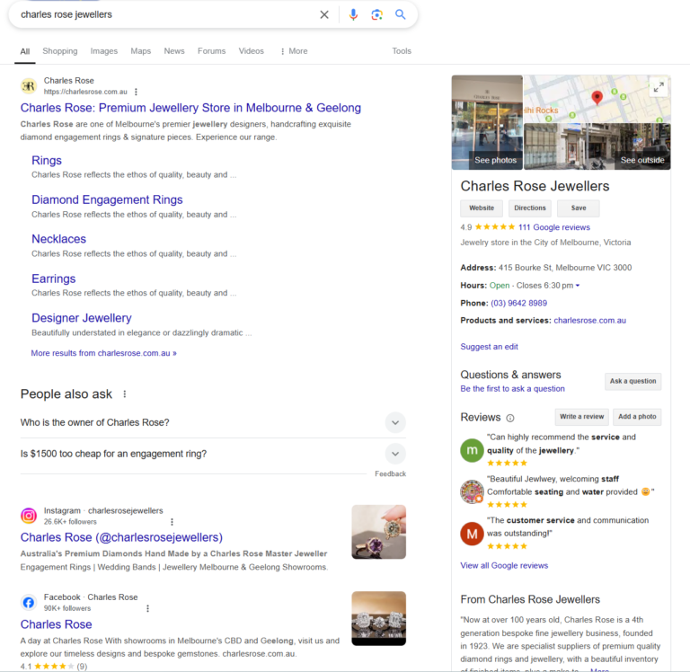 google SERP screenshot of Charles Rose Jewellers