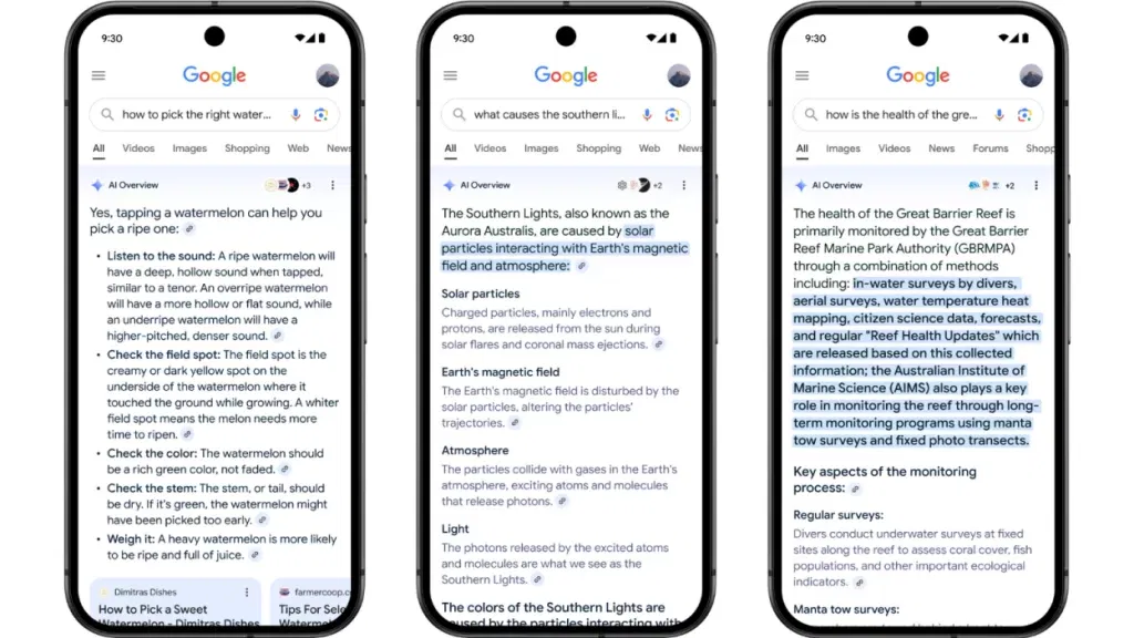Three photos of AI Overviews populating on phones